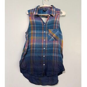 ana A New Approach Women's M Blue Plaid Sleeveless Button Down Top Cutout 1032